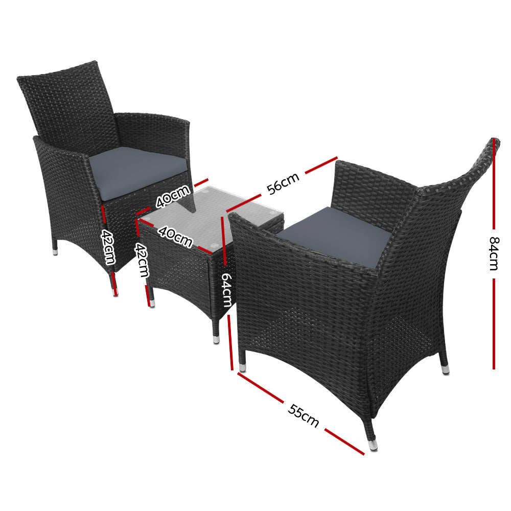 Gardeon 3PC Outdoor Bistro Set Patio Furniture Wicker Setting Chairs Table Cushion Black ODF-BISTRO-RATTAN-BK