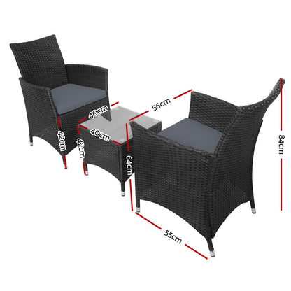 Gardeon 3PC Outdoor Bistro Set Patio Furniture Wicker Setting Chairs Table Cushion Black ODF-BISTRO-RATTAN-BK