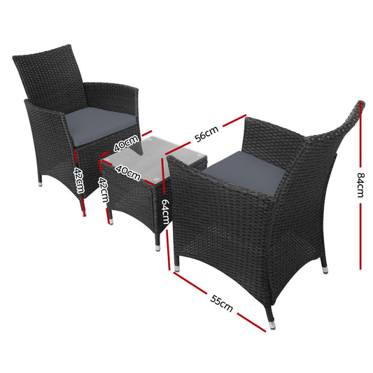 Gardeon 3PC Outdoor Bistro Set Patio Furniture Wicker Setting Chairs Table Cushion Black ODF-BISTRO-RATTAN-BK