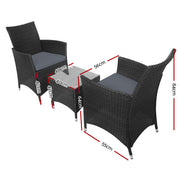 Gardeon 3PC Outdoor Bistro Set Patio Furniture Wicker Setting Chairs Table Cushion Black