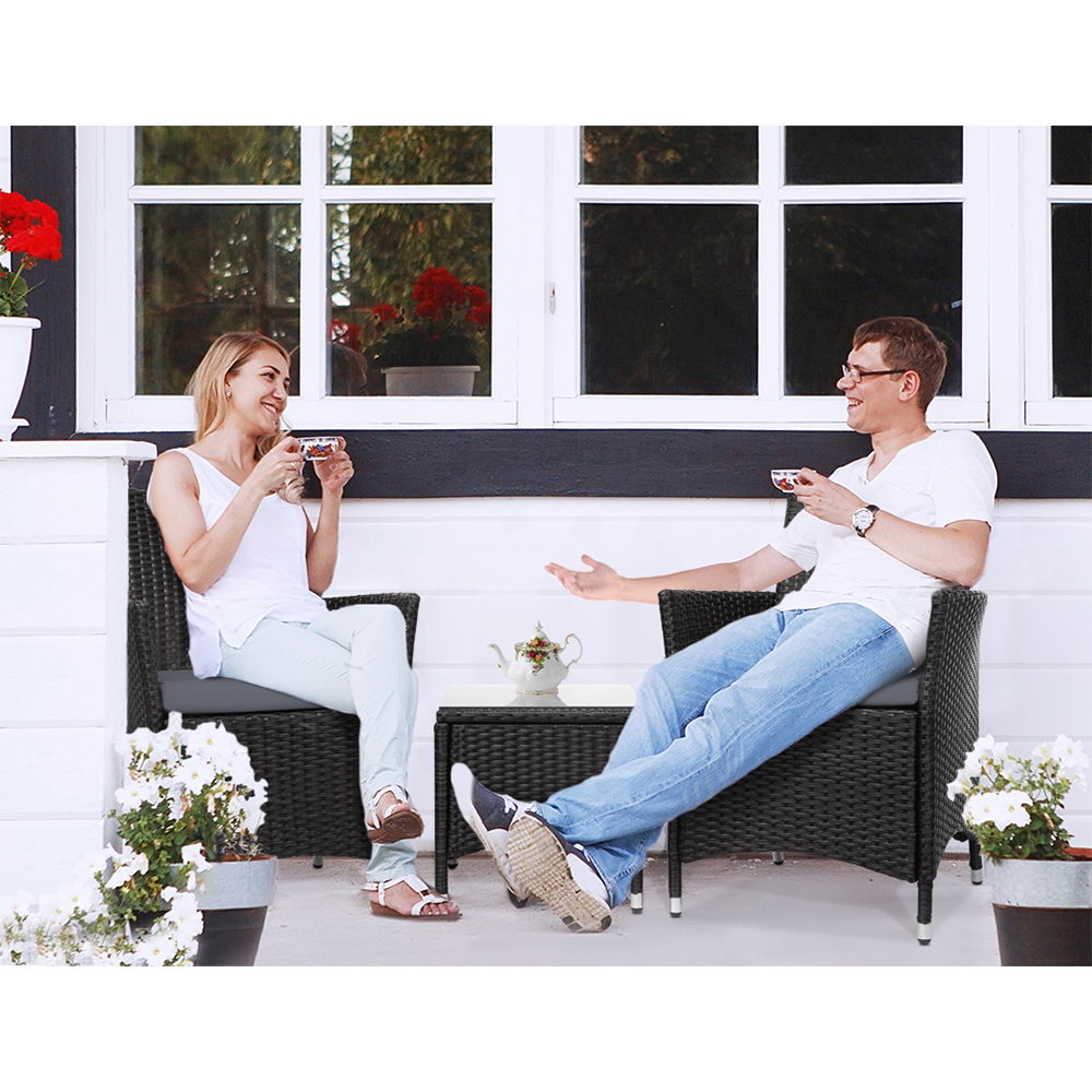 Gardeon 3PC Outdoor Bistro Set Patio Furniture Wicker Setting Chairs Table Cushion Black ODF-BISTRO-RATTAN-BK