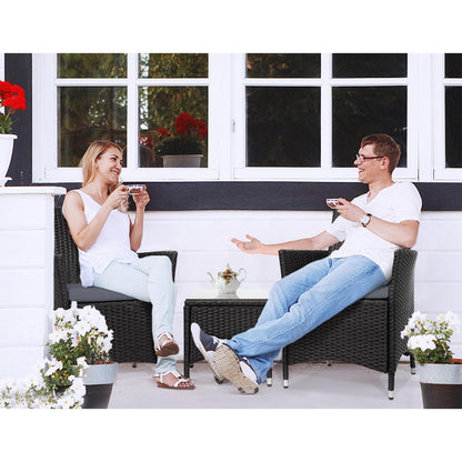 Gardeon 3PC Outdoor Bistro Set Patio Furniture Wicker Setting Chairs Table Cushion Black ODF-BISTRO-RATTAN-BK