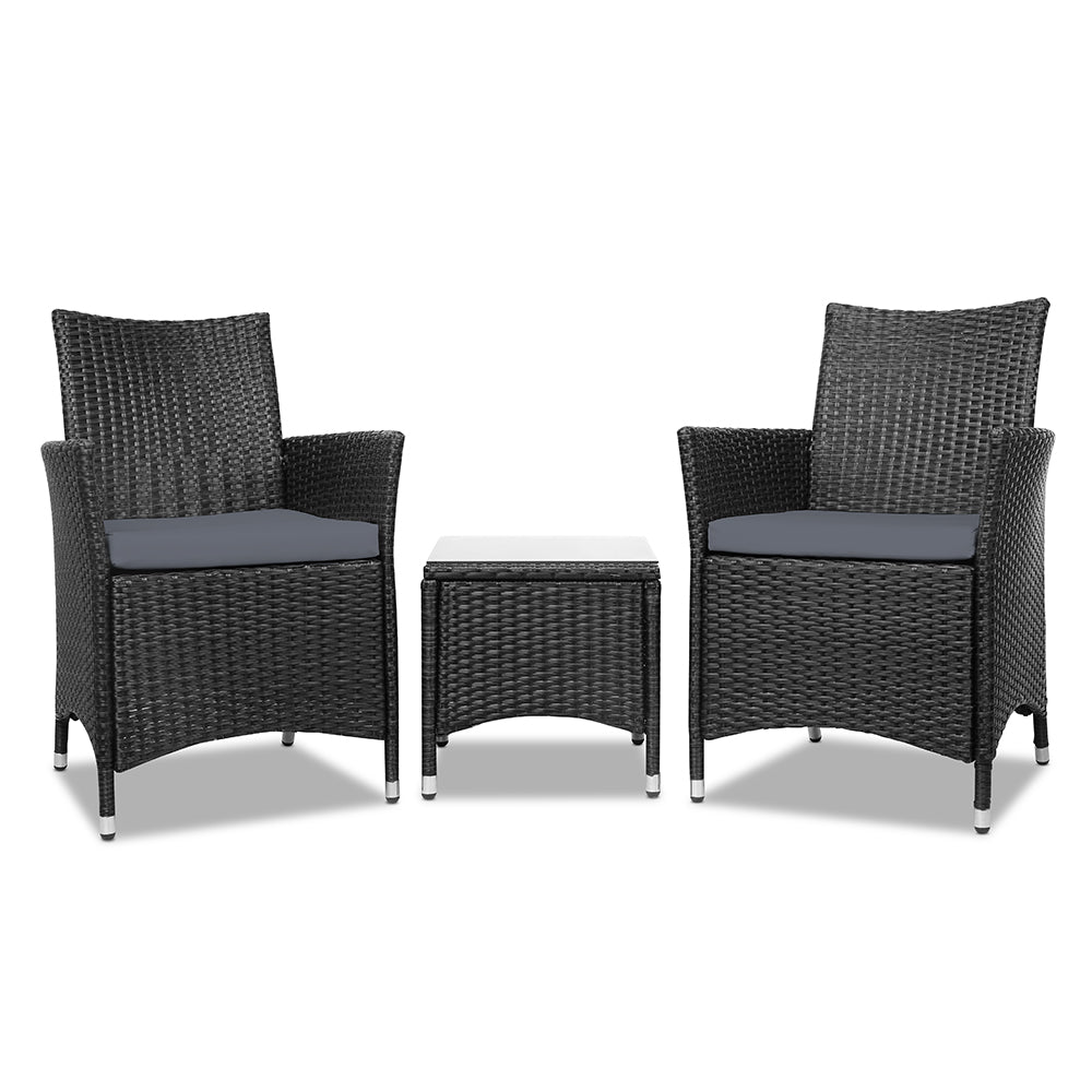 Gardeon 3PC Outdoor Bistro Set Patio Furniture Wicker Setting Chairs Table Cushion Black ODF-BISTRO-RATTAN-BK