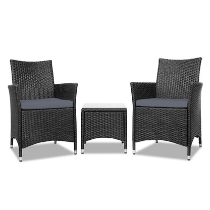 Gardeon 3PC Outdoor Bistro Set Patio Furniture Wicker Setting Chairs Table Cushion Black ODF-BISTRO-RATTAN-BK