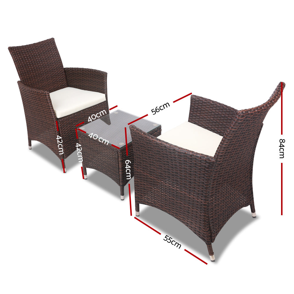 Gardeon 3PC Outdoor Bistro Set Patio Furniture Wicker Setting Chairs Table Cushion Brown ODF-BISTRO-RATTAN-BR