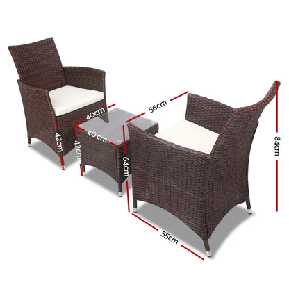 Gardeon 3PC Outdoor Bistro Set Patio Furniture Wicker Setting Chairs Table Cushion Brown ODF-BISTRO-RATTAN-BR