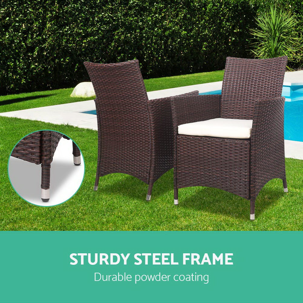Gardeon 3PC Outdoor Bistro Set Patio Furniture Wicker Setting Chairs Table Cushion Brown ODF-BISTRO-RATTAN-BR