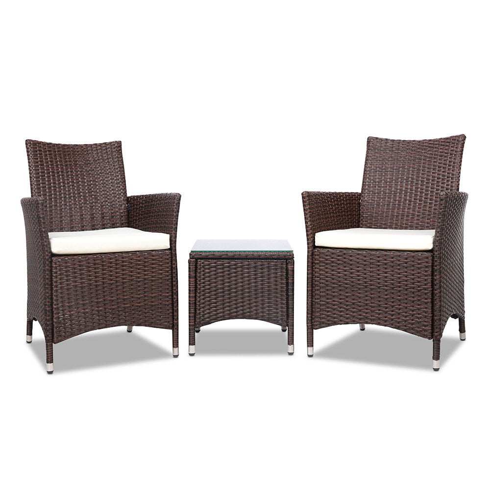 Gardeon 3PC Outdoor Bistro Set Patio Furniture Wicker Setting Chairs Table Cushion Brown ODF-BISTRO-RATTAN-BR