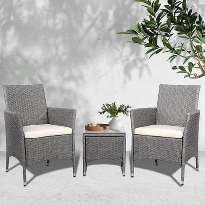 Gardeon 3PC Outdoor Bistro Set Patio Furniture Wicker Setting Chairs Table Cushion Grey ODF-BISTRO-RATTAN-GE