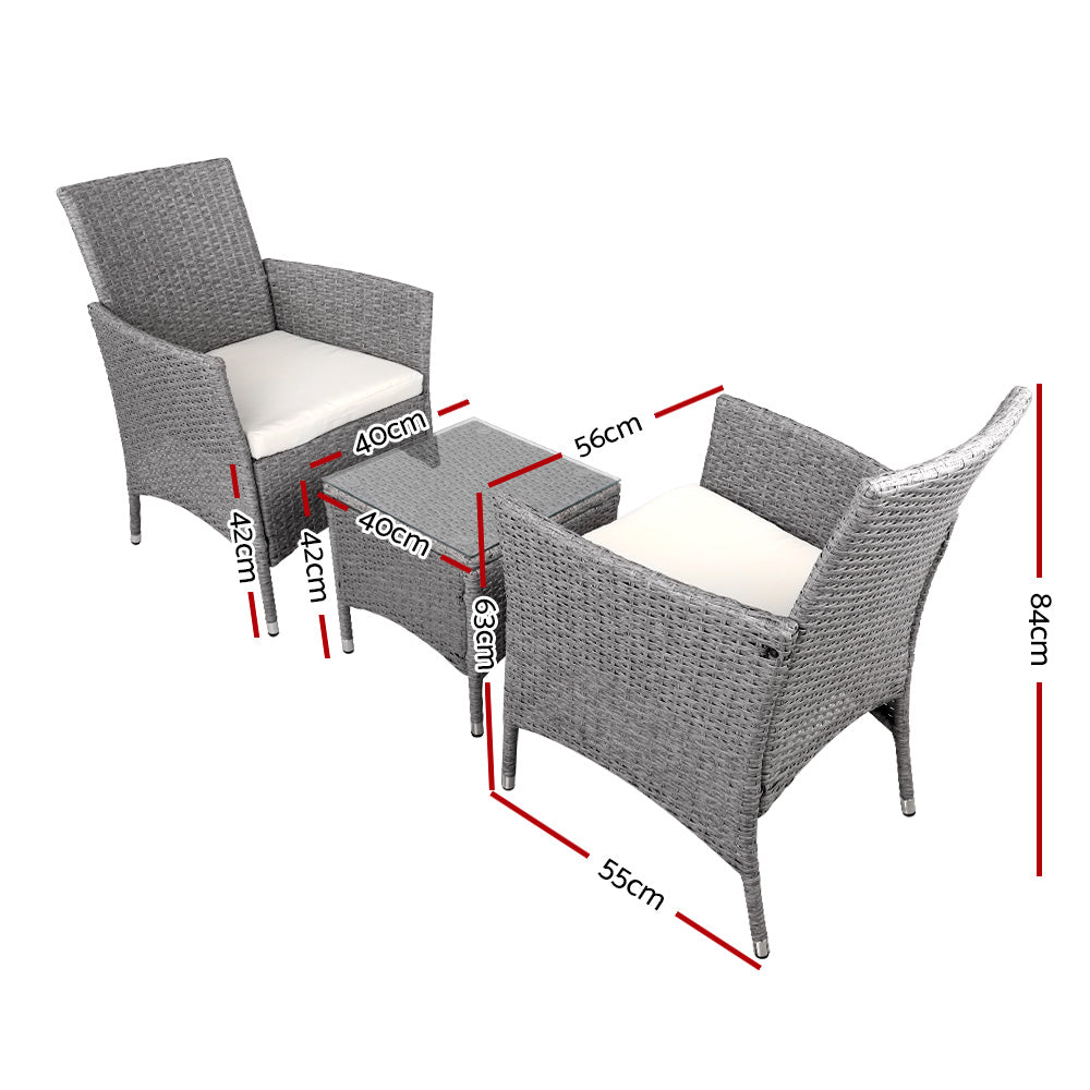 Gardeon 3PC Outdoor Bistro Set Patio Furniture Wicker Setting Chairs Table Cushion Grey ODF-BISTRO-RATTAN-GE