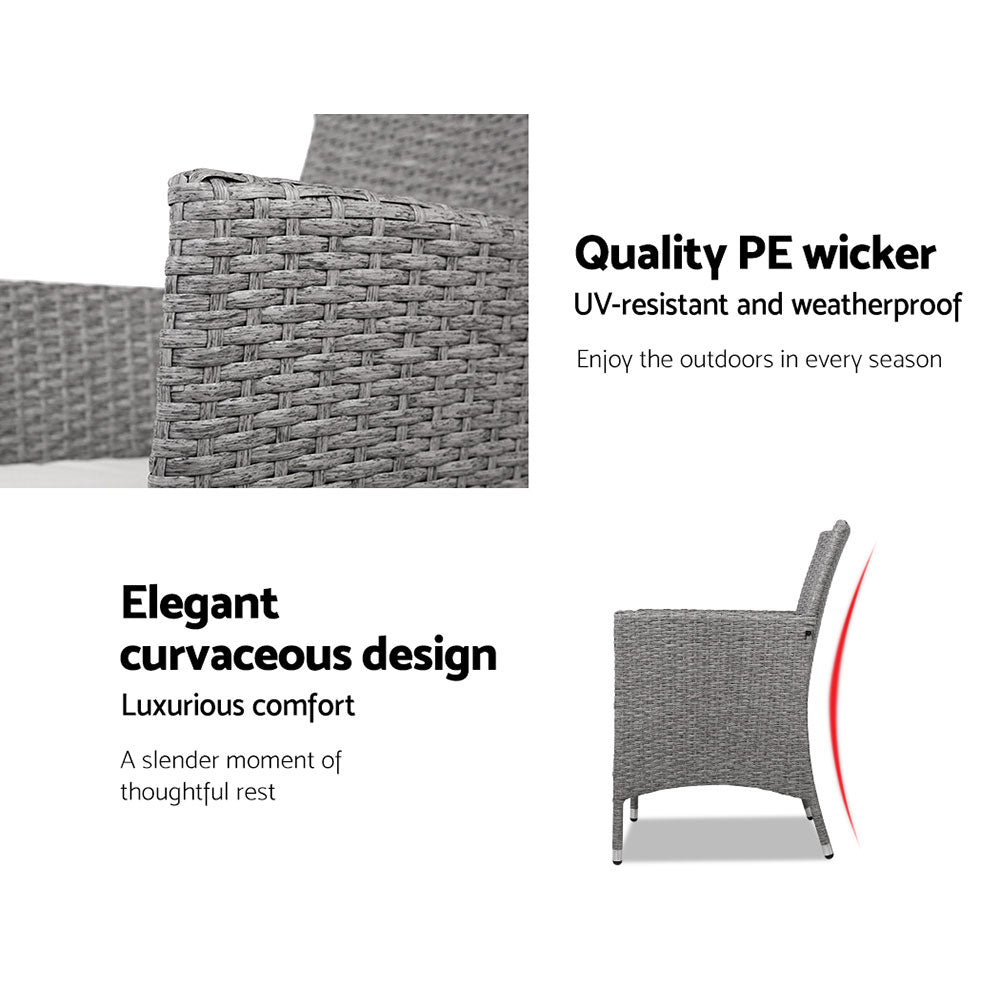 Gardeon 3PC Outdoor Bistro Set Patio Furniture Wicker Setting Chairs Table Cushion Grey ODF-BISTRO-RATTAN-GE