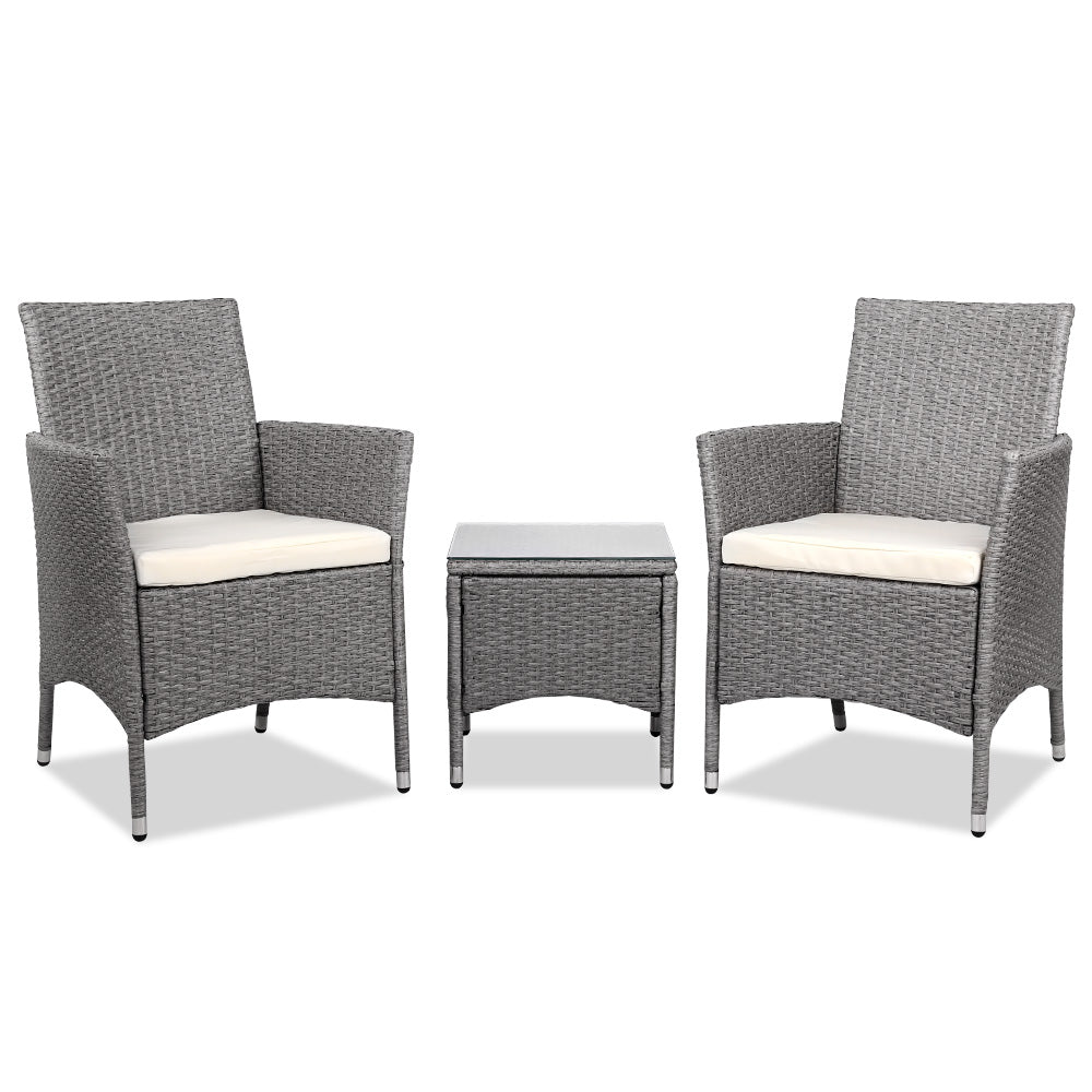 Gardeon 3PC Outdoor Bistro Set Patio Furniture Wicker Setting Chairs Table Cushion Grey ODF-BISTRO-RATTAN-GE