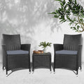 Gardeon 3PC Outdoor Bistro Set Patio Furniture Wicker Chairs Table Cushion All Black ODF-BISTRO-RATTAN-S-BK