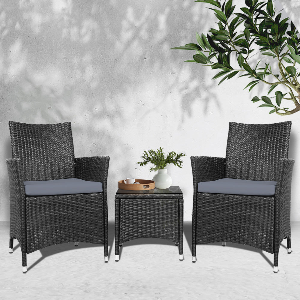 Gardeon 3PC Outdoor Bistro Set Patio Furniture Wicker Chairs Table Cushion All Black ODF-BISTRO-RATTAN-S-BK