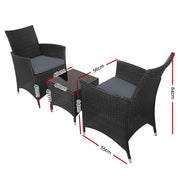 Gardeon 3PC Outdoor Bistro Set Patio Furniture Wicker Chairs Table Cushion All Black ODF-BISTRO-RATTAN-S-BK