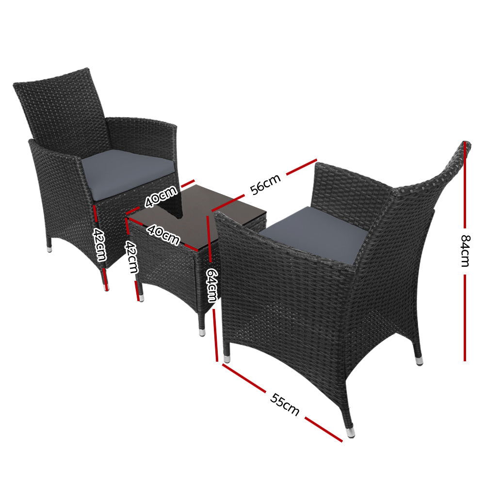 Gardeon 3PC Outdoor Bistro Set Patio Furniture Wicker Chairs Table Cushion All Black ODF-BISTRO-RATTAN-S-BK