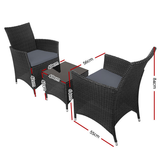 Gardeon 3PC Outdoor Bistro Set Patio Furniture Wicker Chairs Table Cushion All Black ODF-BISTRO-RATTAN-S-BK