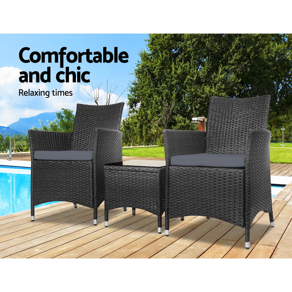 Gardeon 3PC Outdoor Bistro Set Patio Furniture Wicker Chairs Table Cushion All Black ODF-BISTRO-RATTAN-S-BK
