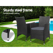 Gardeon 3PC Outdoor Bistro Set Patio Furniture Wicker Chairs Table Cushion All Black ODF-BISTRO-RATTAN-S-BK