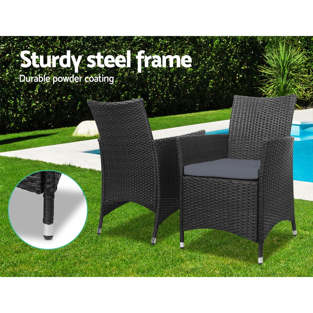 Gardeon 3PC Outdoor Bistro Set Patio Furniture Wicker Chairs Table Cushion All Black ODF-BISTRO-RATTAN-S-BK