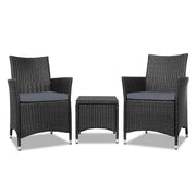 Gardeon 3PC Outdoor Bistro Set Patio Furniture Wicker Chairs Table Cushion All Black ODF-BISTRO-RATTAN-S-BK