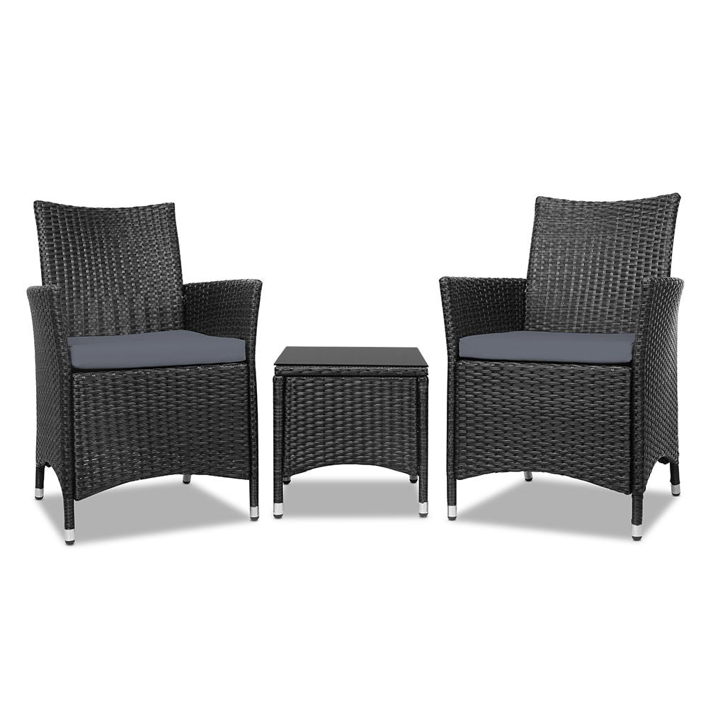 Gardeon 3PC Outdoor Bistro Set Patio Furniture Wicker Chairs Table Cushion All Black ODF-BISTRO-RATTAN-S-BK