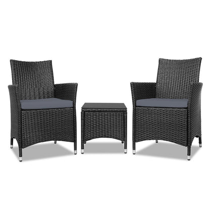 Gardeon 3PC Outdoor Bistro Set Patio Furniture Wicker Chairs Table Cushion All Black ODF-BISTRO-RATTAN-S-BK