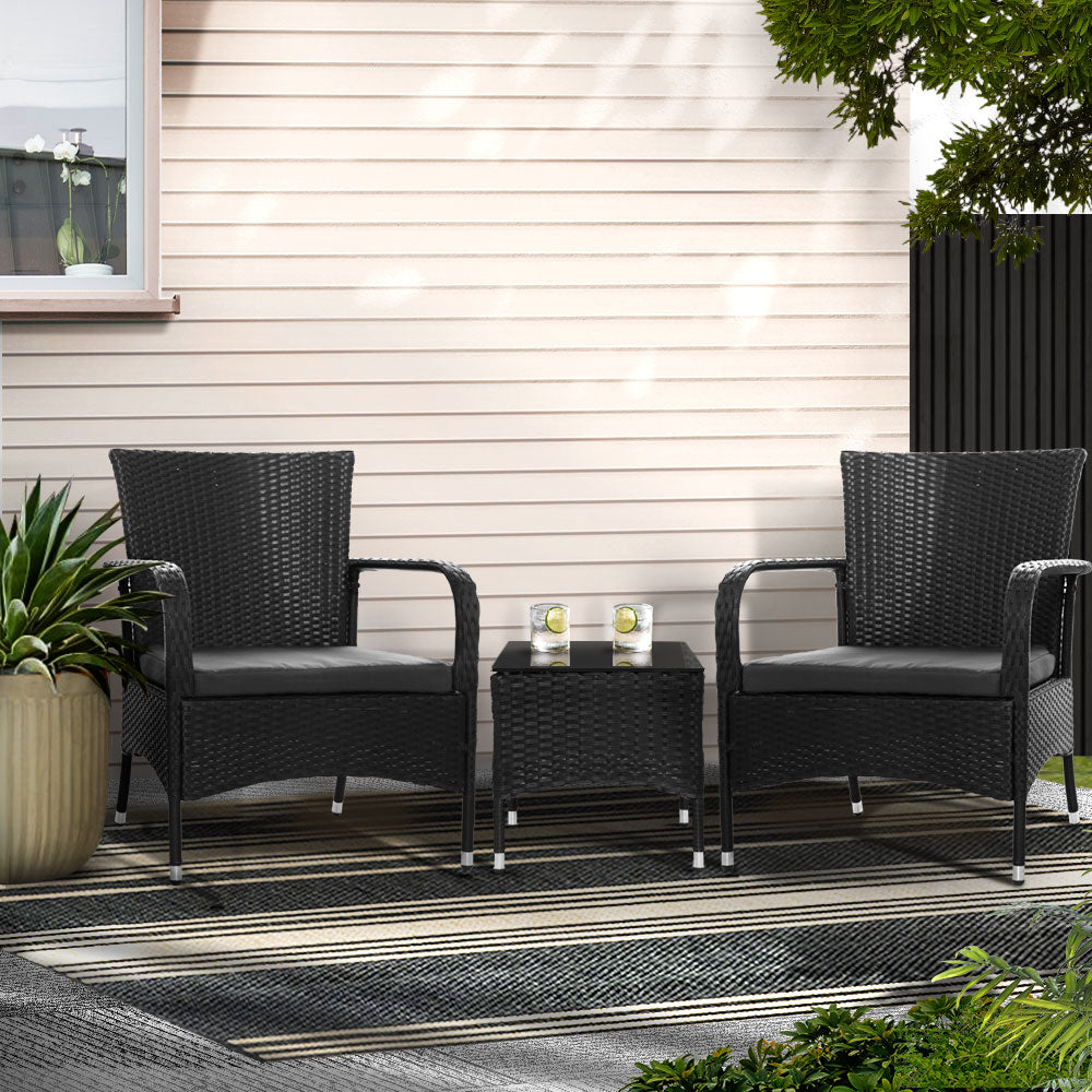 Gardeon 3PC Outdoor Bistro Set Patio Furniture Wicker Setting Chairs Table Luca ODF-BISTRO-RATTAN-XL-BK