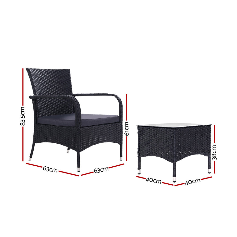 Gardeon 3PC Outdoor Bistro Set Patio Furniture Wicker Setting Chairs Table Luca ODF-BISTRO-RATTAN-XL-BK