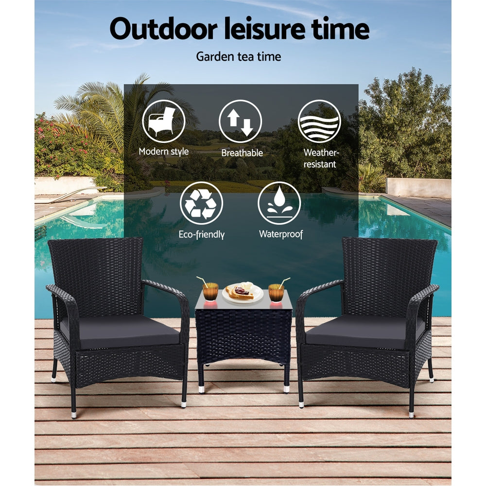 Gardeon 3PC Outdoor Bistro Set Patio Furniture Wicker Setting Chairs Table Luca ODF-BISTRO-RATTAN-XL-BK