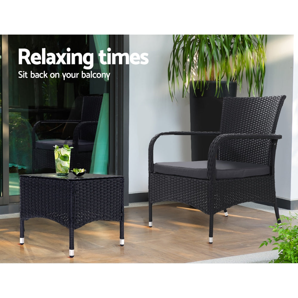 Gardeon 3PC Outdoor Bistro Set Patio Furniture Wicker Setting Chairs Table Luca ODF-BISTRO-RATTAN-XL-BK