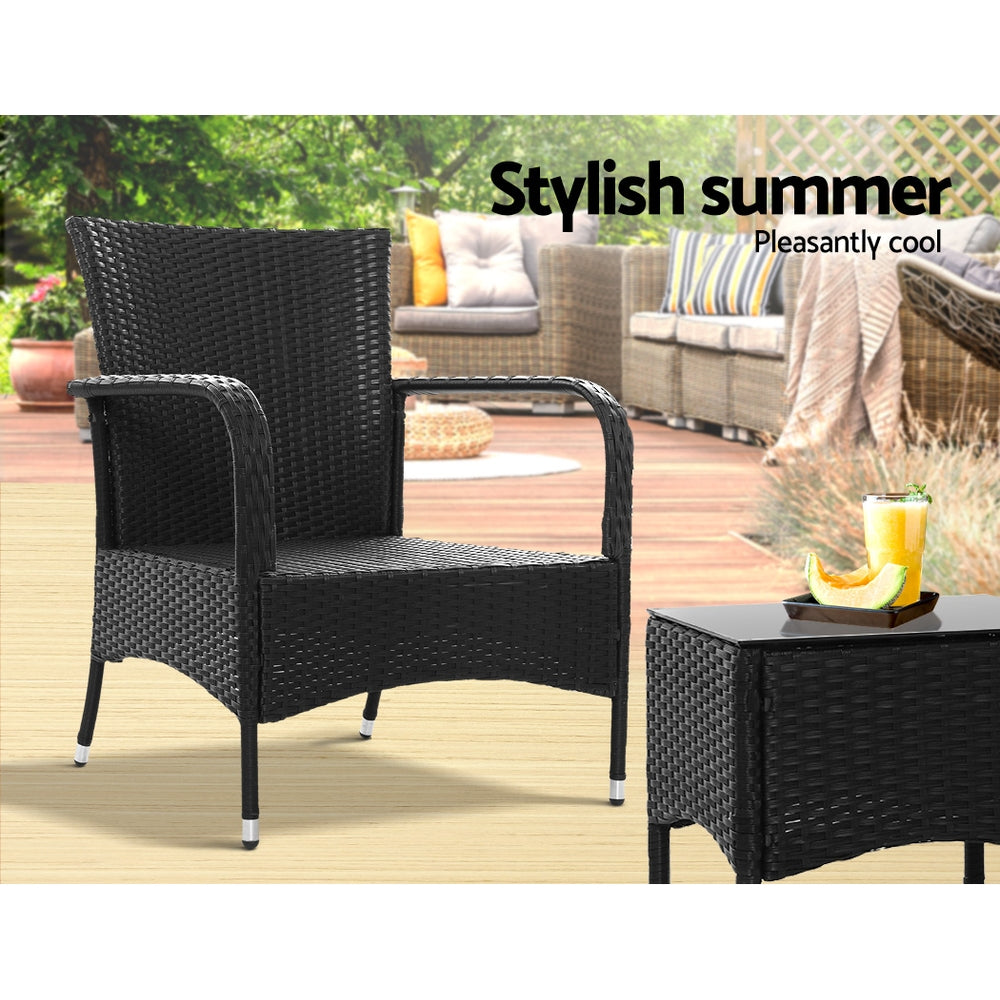 Gardeon 3PC Outdoor Bistro Set Patio Furniture Wicker Setting Chairs Table Luca ODF-BISTRO-RATTAN-XL-BK