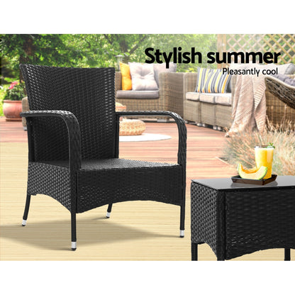 Gardeon 3PC Outdoor Bistro Set Patio Furniture Wicker Setting Chairs Table Luca ODF-BISTRO-RATTAN-XL-BK