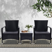 Gardeon 3PC Outdoor Bistro Set Patio Furniture Wicker Setting Chairs Table Luca ODF-BISTRO-RATTAN-XL-BK