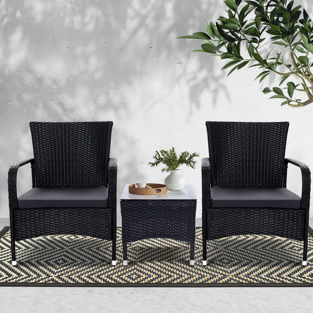 Gardeon 3PC Outdoor Bistro Set Patio Furniture Wicker Setting Chairs Table Luca ODF-BISTRO-RATTAN-XL-BK