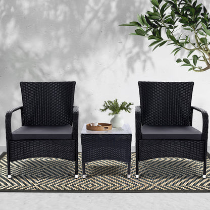 Gardeon 3PC Outdoor Bistro Set Patio Furniture Wicker Setting Chairs Table Luca ODF-BISTRO-RATTAN-XL-BK