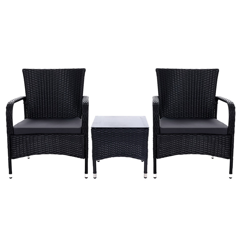 Gardeon 3PC Outdoor Bistro Set Patio Furniture Wicker Setting Chairs Table Luca ODF-BISTRO-RATTAN-XL-BK