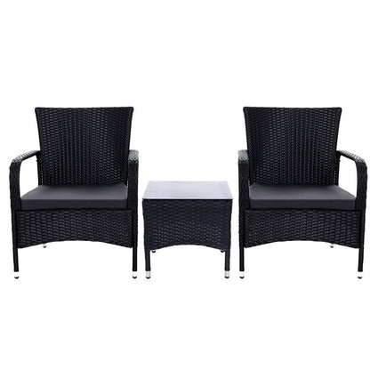 Gardeon 3PC Outdoor Bistro Set Patio Furniture Wicker Setting Chairs Table Luca ODF-BISTRO-RATTAN-XL-BK
