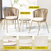 Gardeon 3PC Outdoor Bistro Set Patio Furniture Rope Setting Chairs Table Beige ODF-BISTRO-ROPE-BE