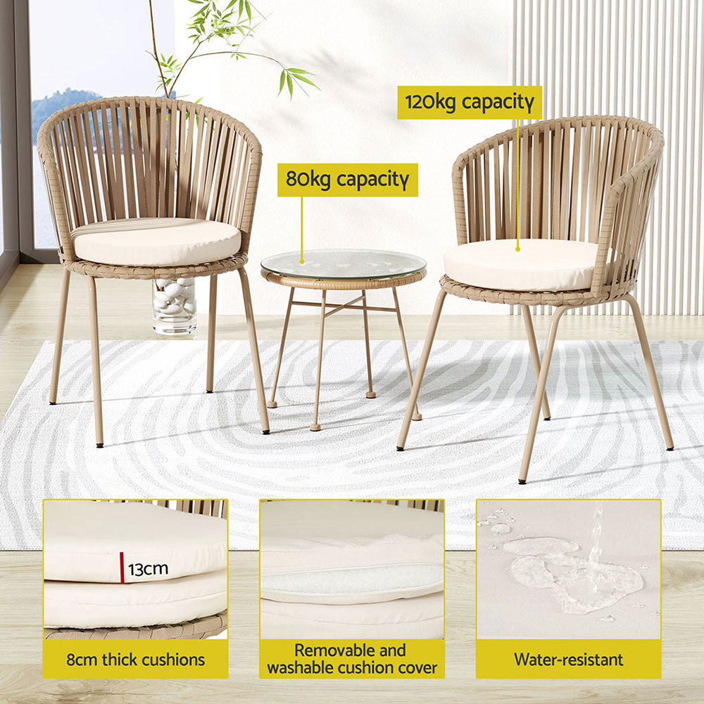 Gardeon 3PC Outdoor Bistro Set Patio Furniture Rope Setting Chairs Table Beige ODF-BISTRO-ROPE-BE