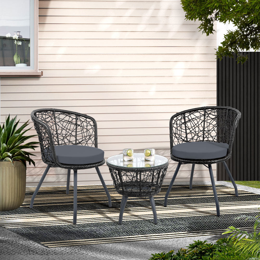 Gardeon 3PC Bistro Set Outdoor Furniture Rattan Table Chairs Patio Garden Cushion Black ODF-BISTRO-ROUND-BK