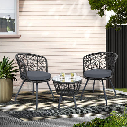 Gardeon 3PC Bistro Set Outdoor Furniture Rattan Table Chairs Patio Garden Cushion Black ODF-BISTRO-ROUND-BK