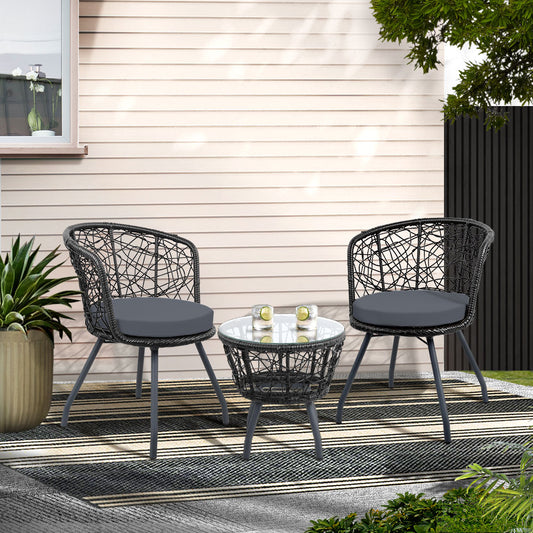 Gardeon 3PC Bistro Set Outdoor Furniture Rattan Table Chairs Patio Garden Cushion Black ODF-BISTRO-ROUND-BK