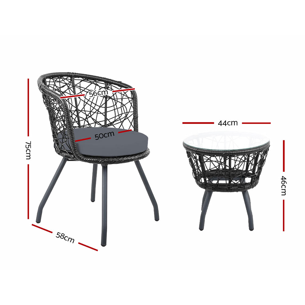 Gardeon 3PC Bistro Set Outdoor Furniture Rattan Table Chairs Patio Garden Cushion Black ODF-BISTRO-ROUND-BK