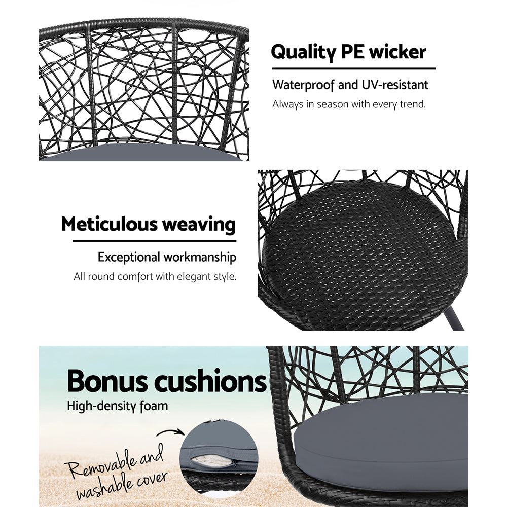Gardeon 3PC Bistro Set Outdoor Furniture Rattan Table Chairs Patio Garden Cushion Black ODF-BISTRO-ROUND-BK