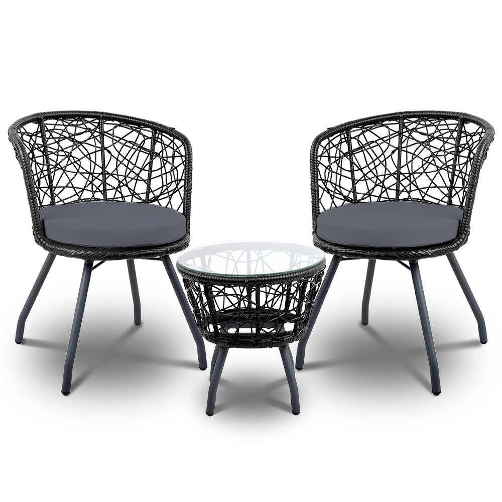 Gardeon 3PC Bistro Set Outdoor Furniture Rattan Table Chairs Patio Garden Cushion Black ODF-BISTRO-ROUND-BK
