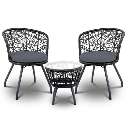 Gardeon 3PC Bistro Set Outdoor Furniture Rattan Table Chairs Patio Garden Cushion Black ODF-BISTRO-ROUND-BK