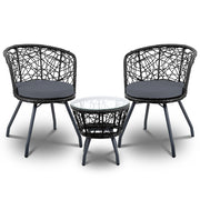 Gardeon 3PC Bistro Set Outdoor Furniture Rattan Table Chairs Patio Garden Cushion Black