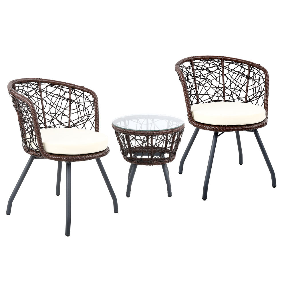 Gardeon 3PC Bistro Set Outdoor Furniture Rattan Table Chairs Patio Garden Cushion Brown ODF-BISTRO-ROUND-BR
