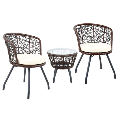 Gardeon 3PC Bistro Set Outdoor Furniture Rattan Table Chairs Patio Garden Cushion Brown ODF-BISTRO-ROUND-BR